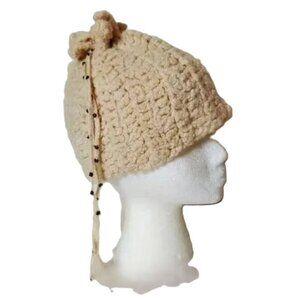 Vintage Hand Knit Hat Crochet Beaded Jeweled Pull String Tie Boho